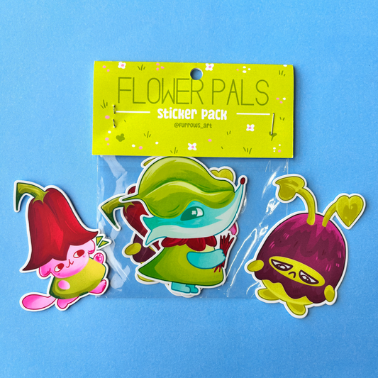 Three colorful stickers of characters on a clear sheet with 'Flower Pals' sticker pack label above on a blue background.