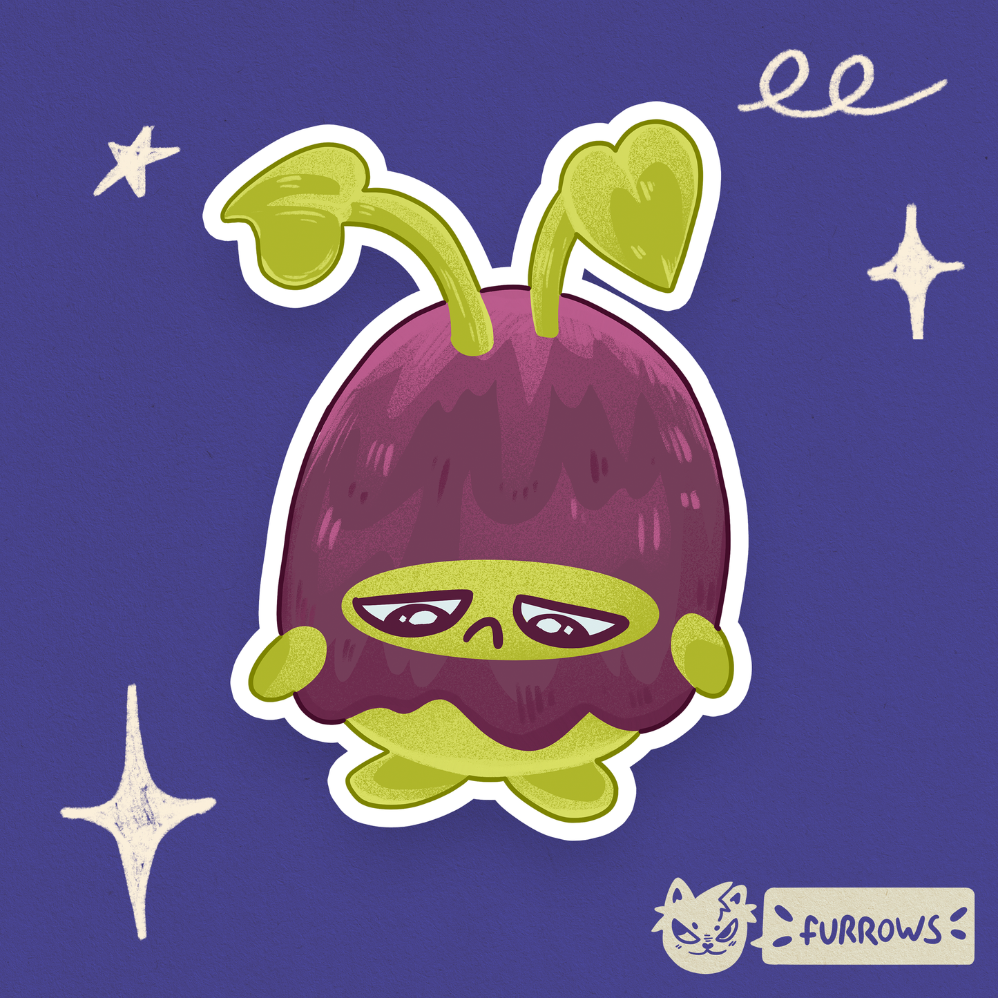 Cartoon character with green leaves on a purple background, featuring the brand 'Furrows'.