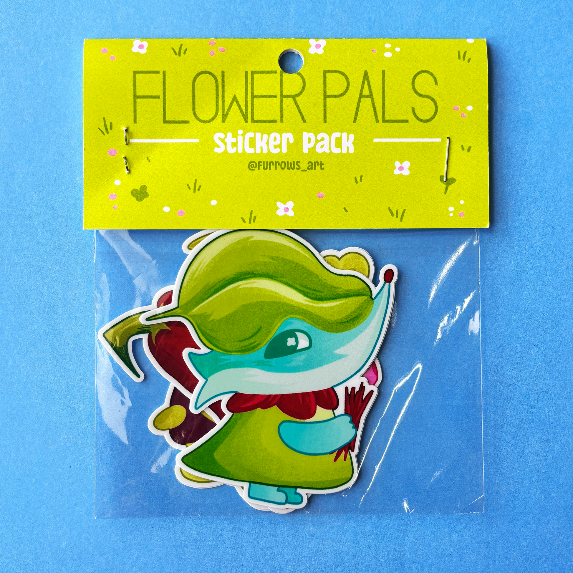 Sticker pack with a character from 'Flower Pals' on a blue background