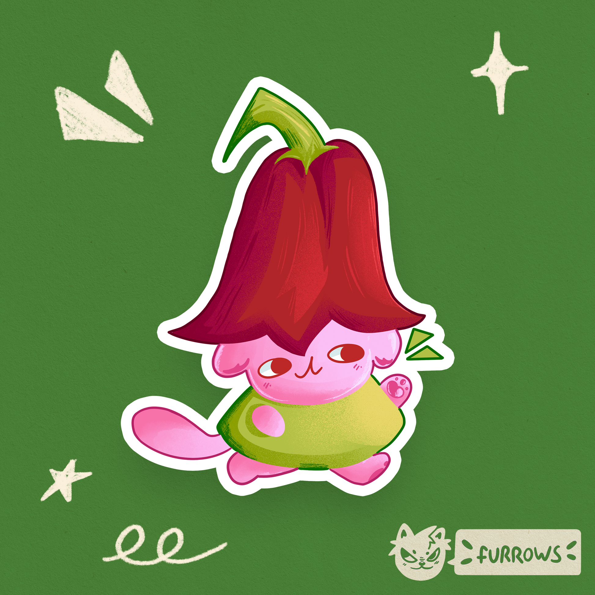 Cartoon character with red hair and green body on a green background, featuring the brand 'Furrows'.