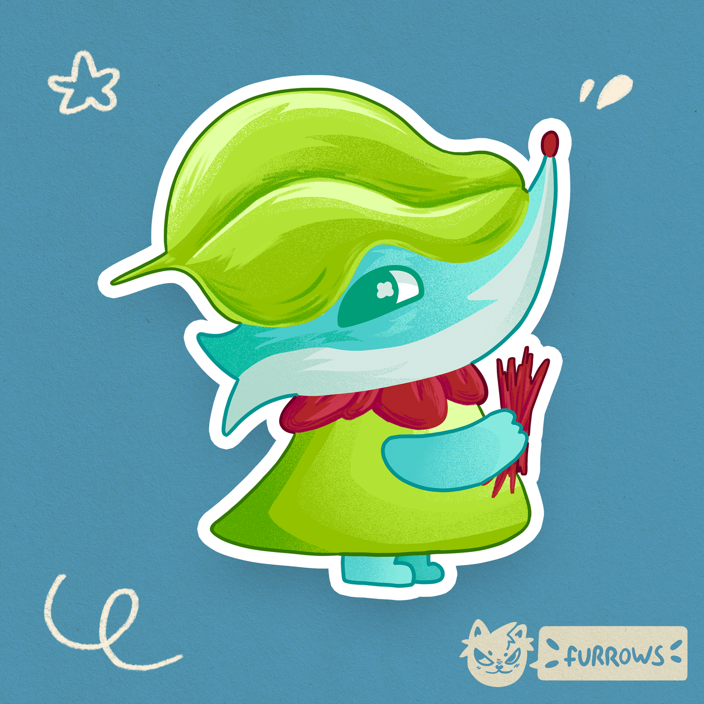 Cartoon character with green hair and dress on a blue background, featuring the 'Furrows' logo.