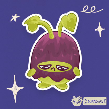 Cartoon character with green leaves on a purple background, featuring the brand 'Furrows'.